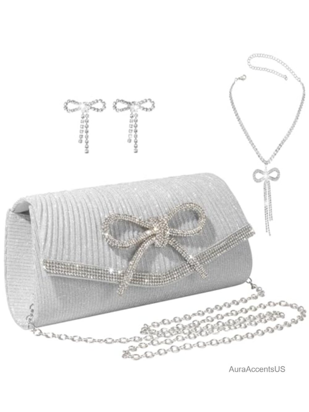 Rhinestone Bow Evening Clutch Crossbody Bag with Jewelry Set